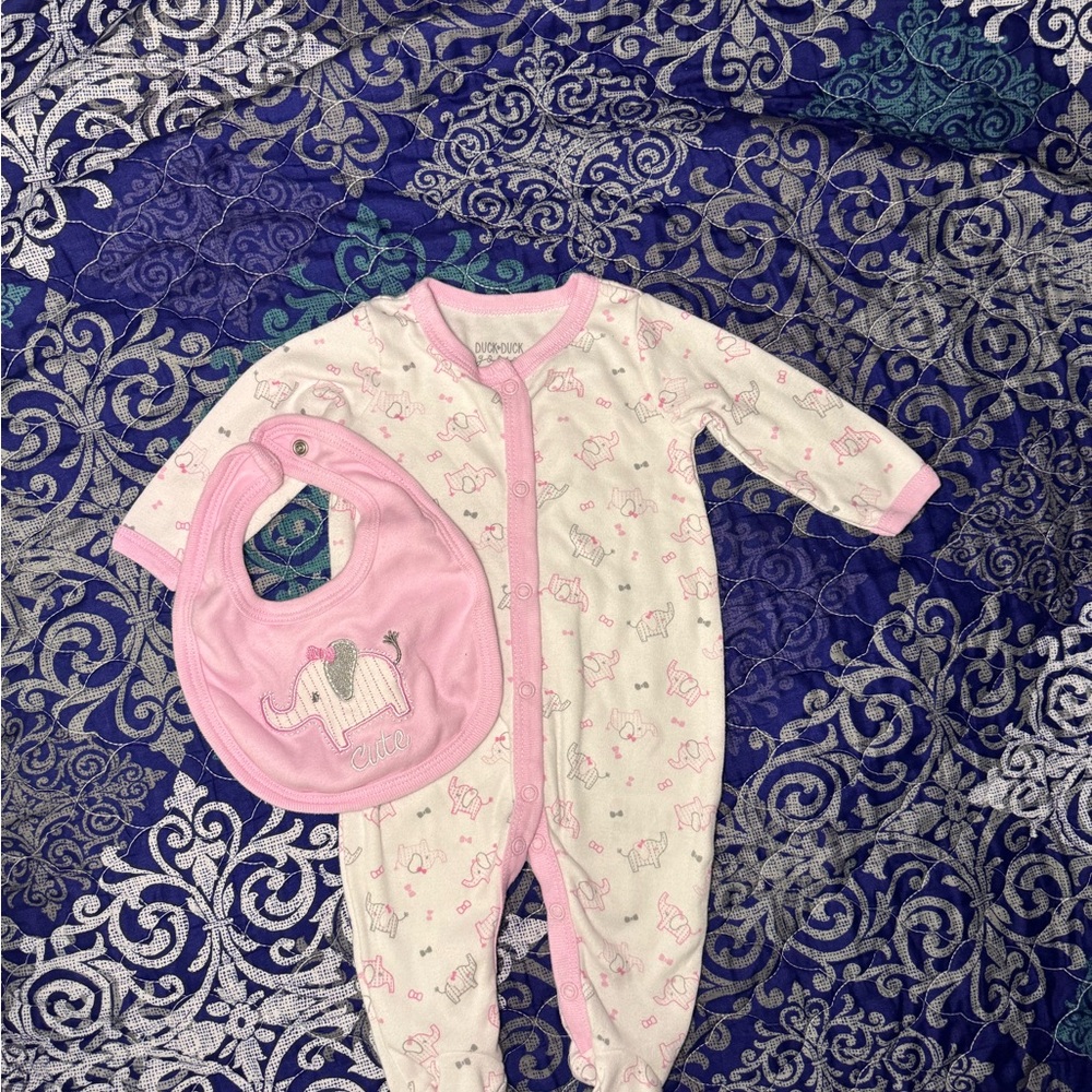 Pink Elephant Print Baby Sleeper and Bib Set